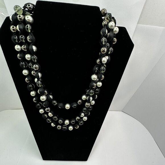 Multi Strand Statement Ribbon Necklace with Silver Black Clear Glass Beads 22" - Picture 5 of 14
